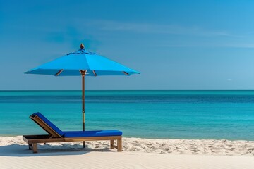  A solitary beach chair and a striking turquoise umbrella stand invitingly on a sunlit sandy beach, symbolizing perfect solitude and relaxation