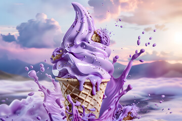 Waffle cone of sweet lavender ice cream with splashes of milk and syrup on a light background