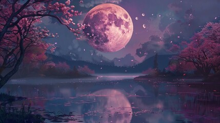 pink moon over the river with pink trees, peacefulness, lofi music background