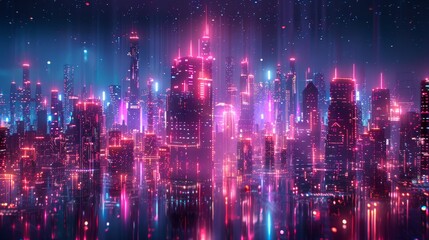 A cityscape with neon lights and a reflection of the city in the water. Scene is vibrant and energetic
