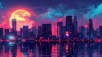 A city skyline with a large red moon in the background. The sky is filled with clouds and the city is lit up with neon lights. Scene is dreamy and surreal