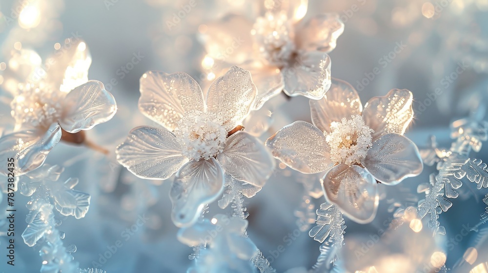 Poster a close up of a bunch of white flowers with frost on them. the flowers are arranged in a way that th