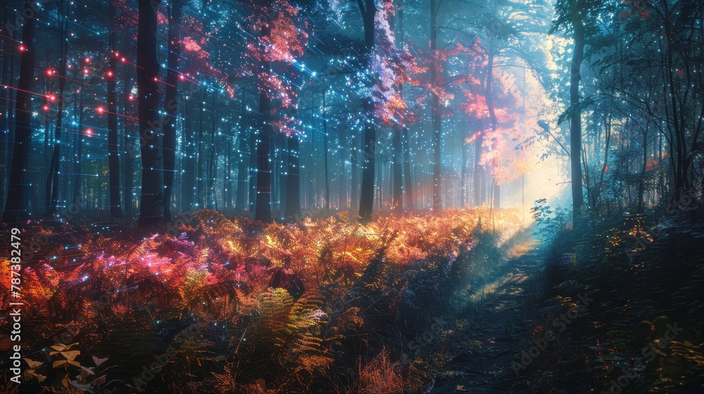 Poster a forest with a path through it. the path is lit up with lights and the trees are glowing