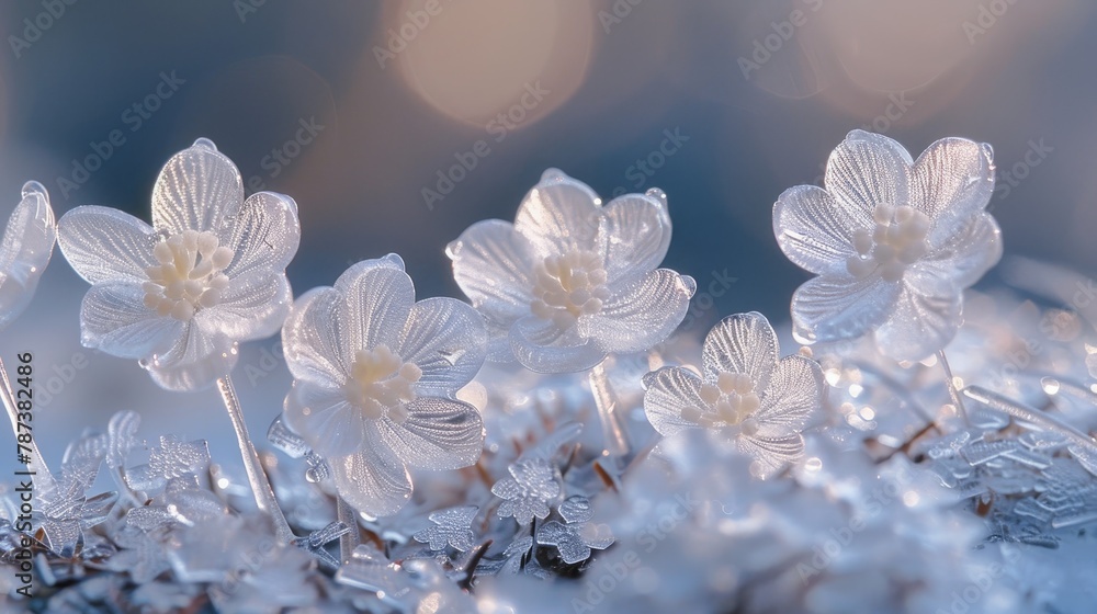 Poster a close up of five white flowers with frost on them. the flowers are arranged in a way that they are