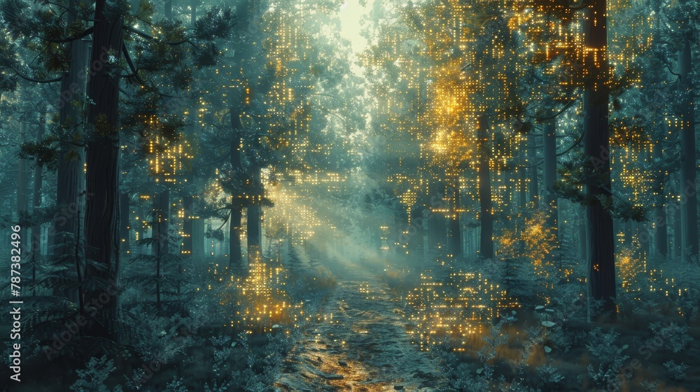 Poster a forest with glowing trees and a path