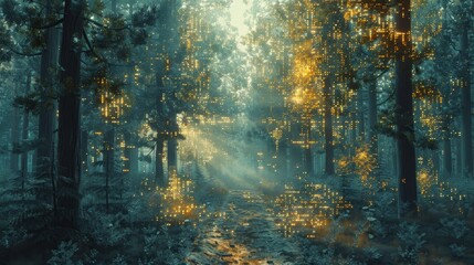 Fototapeta premium A forest with glowing trees and a path