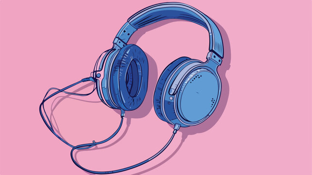 Blue wired isolated Headphones on pink background. 