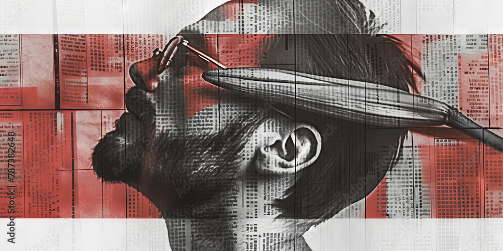 Poster abstract monochrome portrait with red data overlay