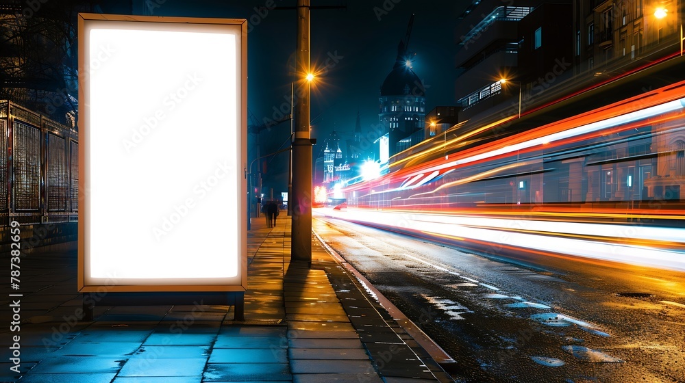 Poster Light box display with white blank space for ads Urban mockup design concept with beautiful bus light trails at night Long exposure : Generative AI