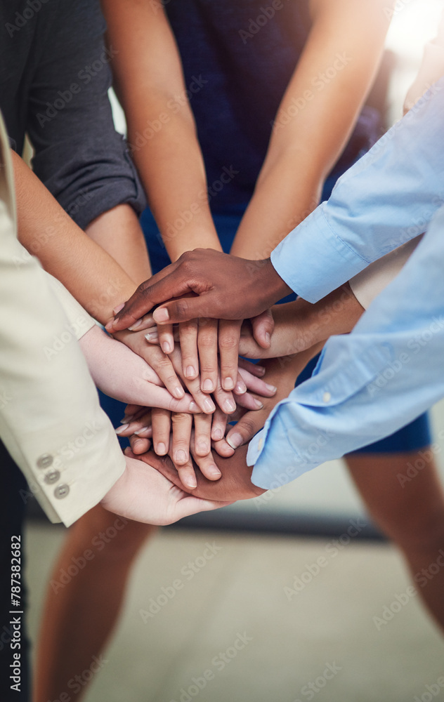 Aufkleber business people, hands and stack in huddle for teamwork, unity and support or motivation in office. 