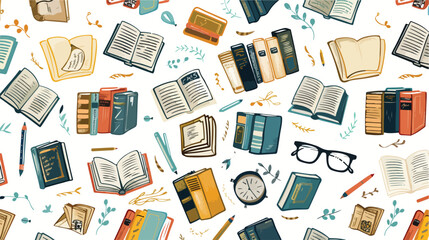 Books and other library stuff. Vector seamless pattern