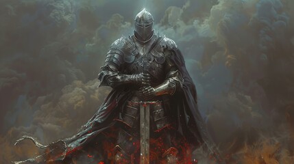 majestic medieval knight in metal armor with sword and helmet