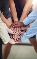 Business people, hands and stack in huddle for teamwork, unity and support or motivation in office....