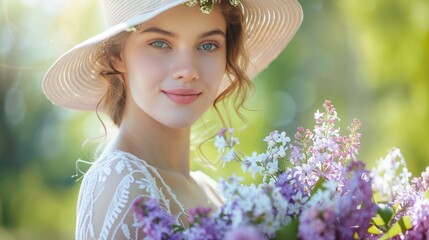 Close up portrait of young woman in white dress holding lilac bouquet and wearing straw hat