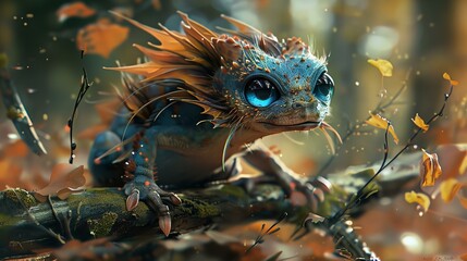 cute, dragon-like fantastic creature with big eyes in fantasy world