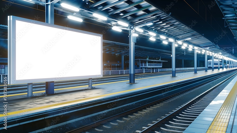 Poster highspeed rail background blank billboard mock up on railway platform : generative ai