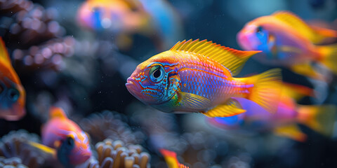  A colorful school of fish swimming in the deep sea, showcasing their vibrant colors and intricate patterns. Created with Ai