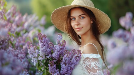 Young woman in white dress with lilac bouquet and straw hat, portrait against blurred background