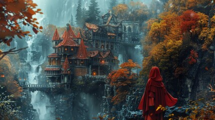 Obraz premium A woman in a red cloak stands in front of a castle with a waterfall in the background. The scene has a peaceful and serene mood