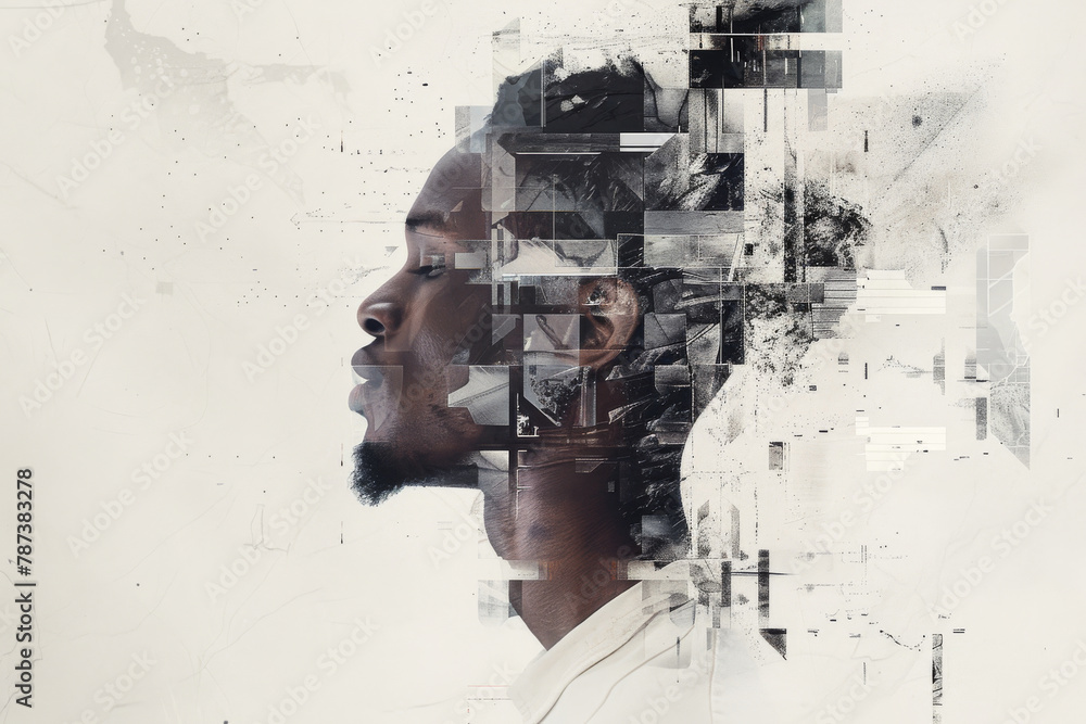 Poster abstract digital portrait of a man merging with geometric shapes