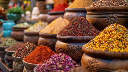 A variety of spices are displayed in wooden bowls. The spices are arranged in a colorful and visually appealing manner - obrazy, fototapety, plakaty