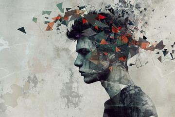 Fototapeta premium Abstract Mind Concept: Human Profile with Bursting Geometric Fragments