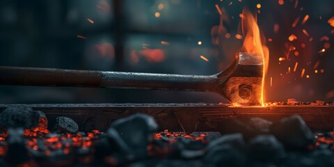 A blacksmith's hammer striking red-hot metal on an anvil amidst flying sparks and coal