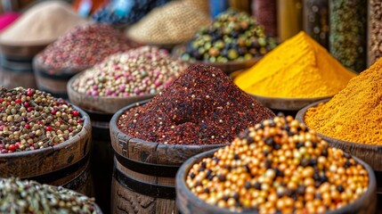 A variety of spices are displayed in wooden bowls. The spices include red pepper flakes, yellow pepper flakes, and black pepper