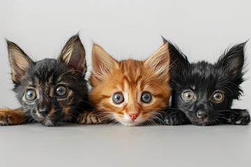 Three cute cats and a black chihuahua with cute faces looking at the camera against a white background in a studio shot. Created with Ai