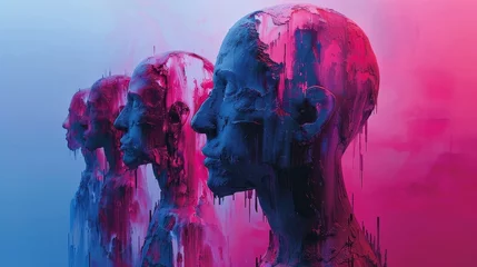 Fotobehang A group of four human heads are painted in blue and pink. The heads are distorted and dripping with paint, giving the impression of a surreal and abstract scene © Sodapeaw