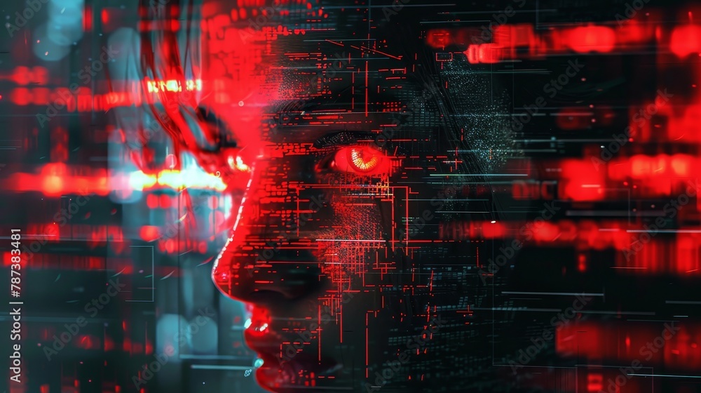 Poster a close up of a face with a red background. the face is distorted and blurry, giving it a futuristic