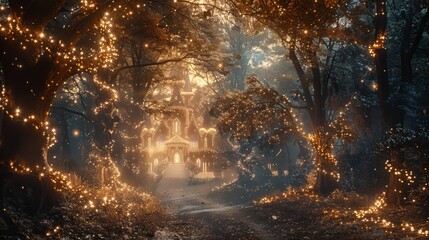 A forest with a house in the middle of it. The house is lit up with lights. Scene is warm and cozy - obrazy, fototapety, plakaty