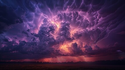 A stormy sky with purple and orange clouds and lightning bolts. Scene is intense and dramatic - obrazy, fototapety, plakaty