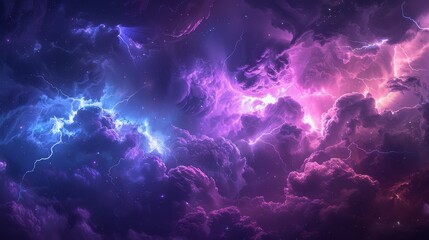 A colorful sky with purple and blue clouds and a few lightning bolts. The sky is filled with a sense of wonder and awe, as if it is a vast and mysterious universe waiting to be explored