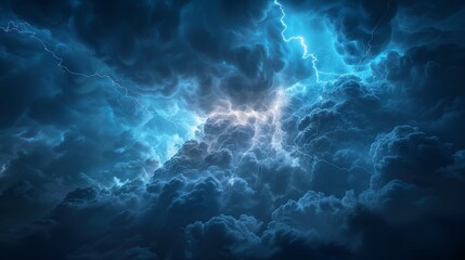 A stormy sky with a bright blue sky and a lightning bolt. The sky is filled with dark clouds and the lightning bolt is shining brightly. Scene is intense and dramatic - obrazy, fototapety, plakaty