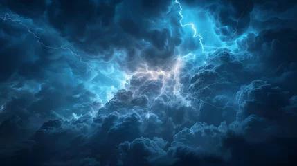 Fotobehang A stormy sky with a bright blue sky and a lightning bolt. The sky is filled with dark clouds and the lightning bolt is shining brightly. Scene is intense and dramatic © Sodapeaw