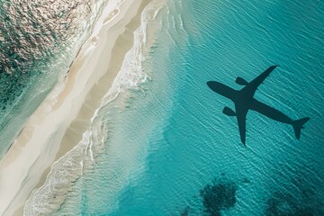 Fototapeta na wymiar Top-down view captures the shadow of an airplane as it glides over a tropical beach, where waves gently lap the shimmering sand