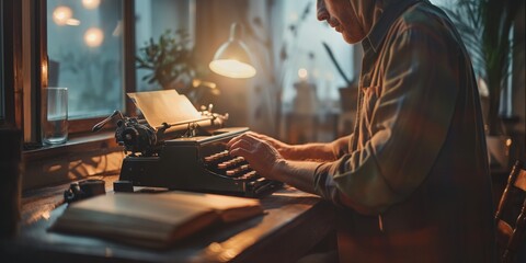 Atmospheric image of an author deeply focused on typing a story on a classic typewriter, evoking nostalgia and creativity - obrazy, fototapety, plakaty