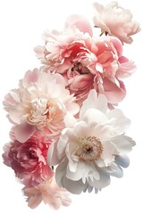 Fluffy and romantic peonies in shades of pink and white, each cut out to highlight their full, rounded blooms and soft petal textures, isolated white background