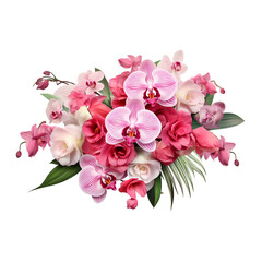 Bouquet of pink and white orchids with leaf isolated on transparent background, PNG, cut out
