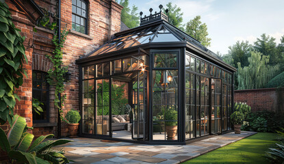  An elegant black and glass greenhouse with traditional Victorian architecture, situated in the backyard of an old mansion. Created with Ai - obrazy, fototapety, plakaty