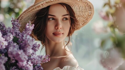 Young woman in white dress and straw hat holding lilac bouquet, portrait with blurred background