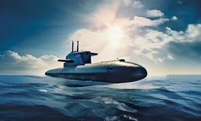 Generic military nuclear submarine floating in the middle of the ocean with a fighter jet in the background. - obrazy, fototapety, plakaty