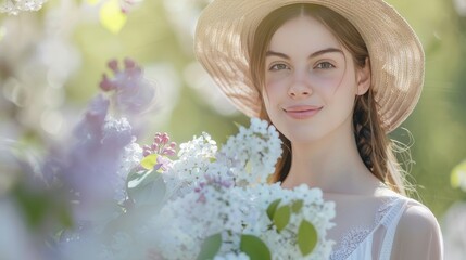 Young woman in dress holding white lilac bouquet, wearing straw hat, portrait in spring garden