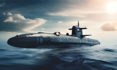 Generic military nuclear submarine floating in the middle of the ocean with a fighter jet in the background.