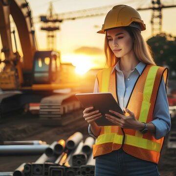 civil engineer or working holding tablet at a construction site with heavy building machine excavator working at sunset.
