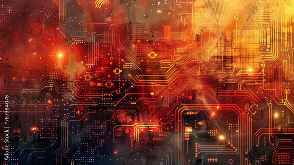 Poster a colorful, abstract painting of a circuit board with many small lights. the painting has a mood of 