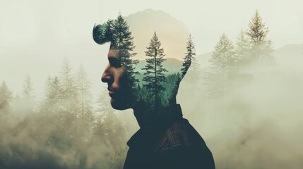 Artistic double exposure  man s silhouette intertwined with serene forest landscape