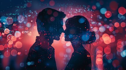 A couple is kissing in a blurry image with a red background. The image has a romantic and dreamy mood