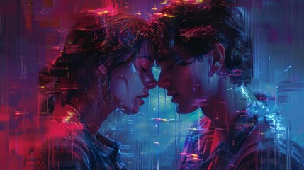 A couple kissing in a blurry image with a blue background. Scene is romantic and intimate